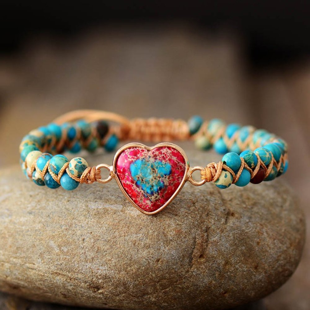 Handmade Braided Bracelet Heart Charm 2 strands Sea Sediment Healing Bracelets